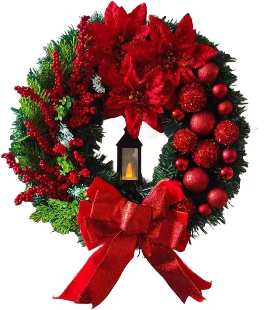 Generic Christmas Wreath, Door Ornament with LED Oil Lamp, Big Red Bow, Red Berry Ornament, Spruce Lamp Wreath, Multiple Occasions (holidays, celebrations, decoration), Plastic, Red