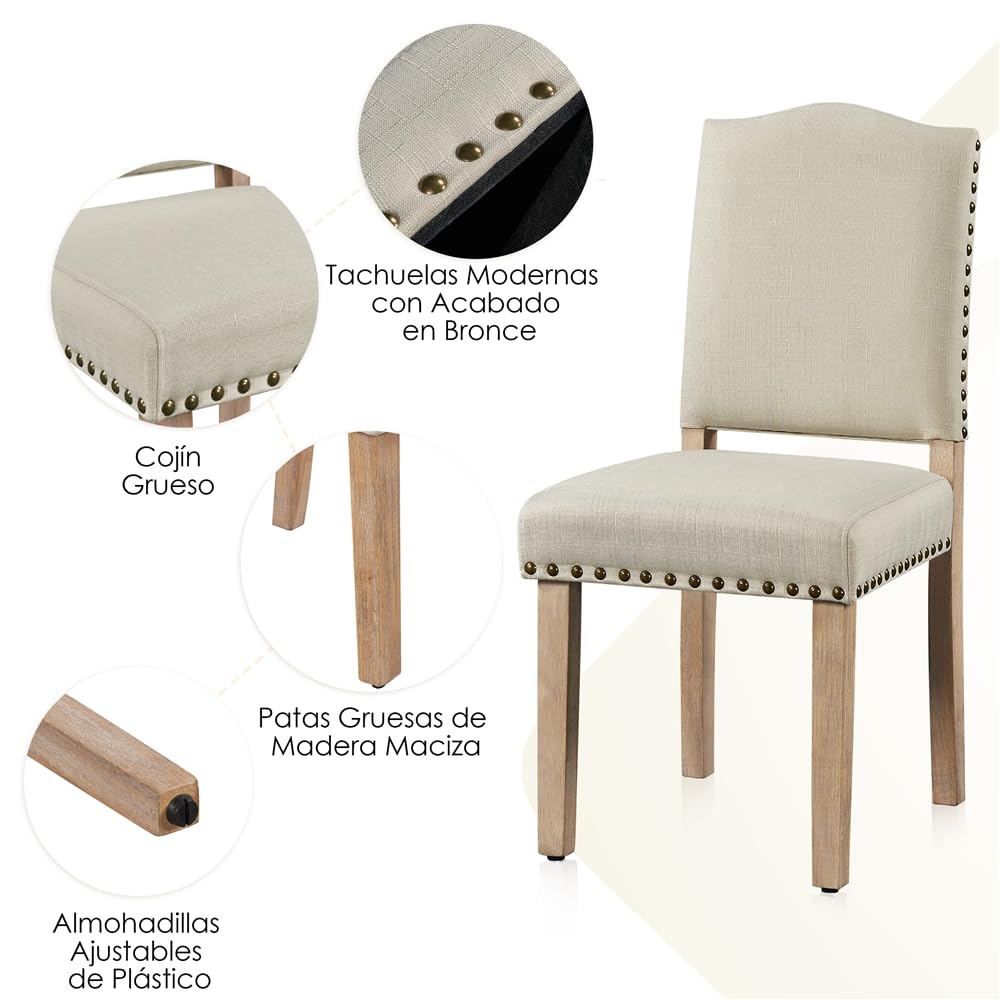 Yaheetech Juego de 2 Sillas de Cocina Tapizada de Tela Pata Madera Beige | Silla de Comedor Respaldo Alto, Silla de Cocina Tapizada de Tela, Diseño Clásico, Asiento Acolchado, para Salón y Cocina