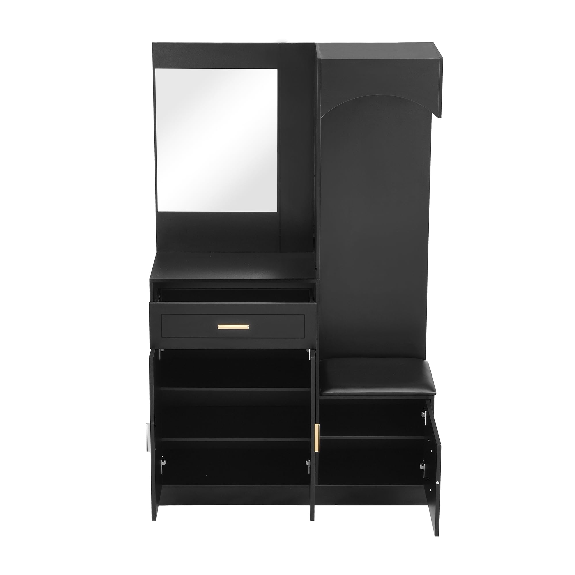 Armario con zapatero y espejo, negro, MDF, 110 x 33 x 185,5 cm, multifuncional, moderno, 51,8 kg