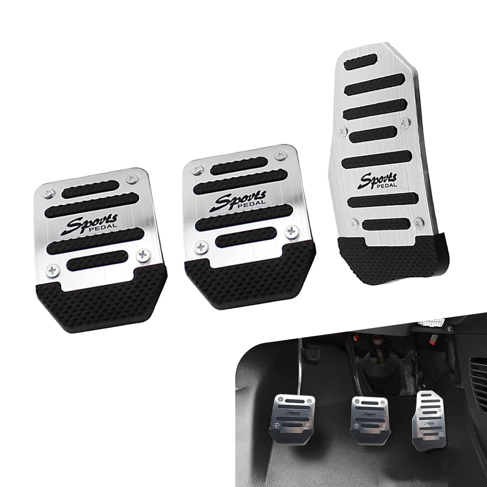 Shakas 3 PCS Car Pedal Kit, 5.7" x 3.15" Acceleration + 2.6" x 3.54" Clutch Brake Thickened Alloy Anti Slip Tape Pedal, Replacement Modification Parts, for Most Manual Transmission Cars (Silver)