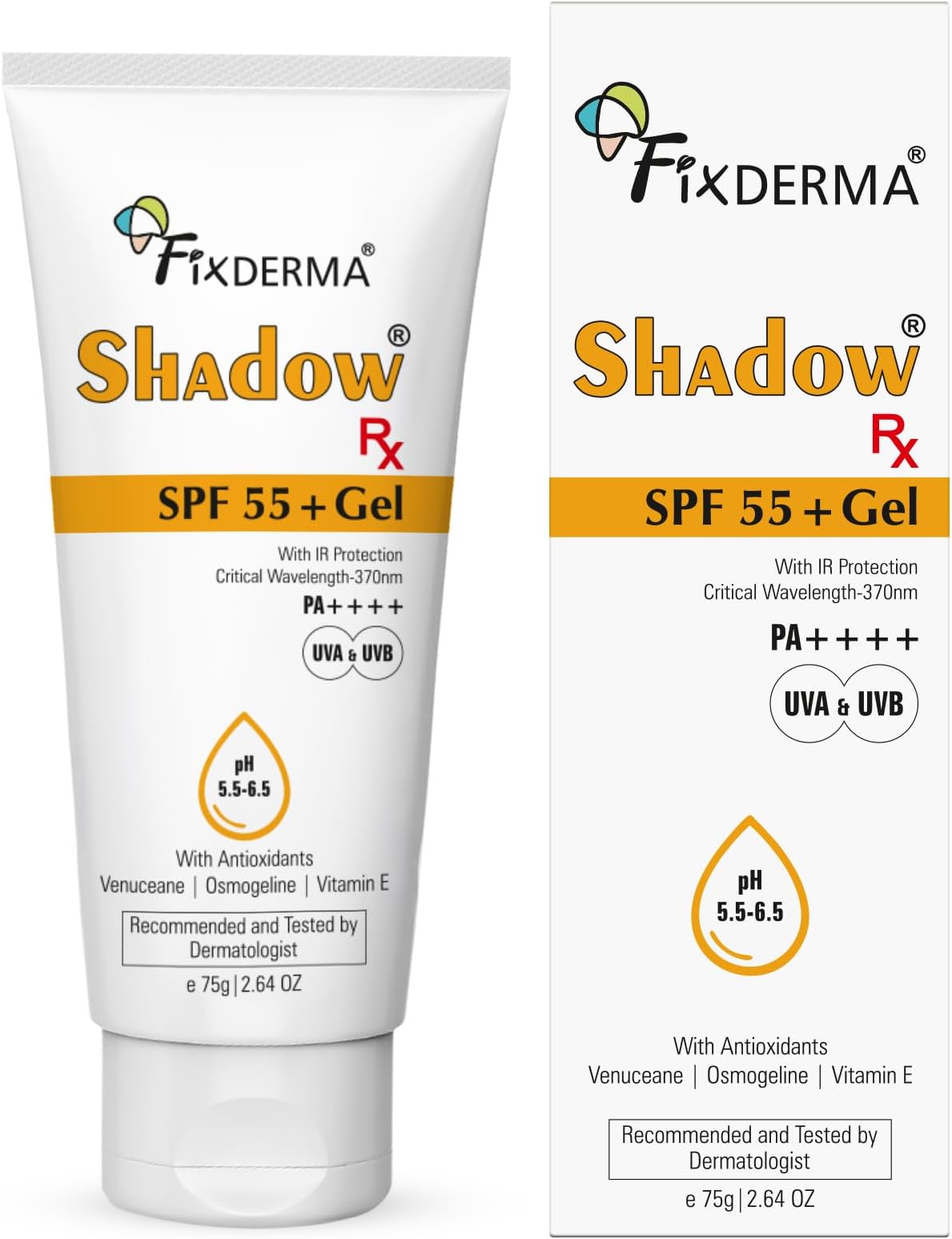 Fixderma Shadow RX Sunscreen SPF 55+ Gel PA++++ for Oily Skin | Sunscreen for Body & Face with UVA, UVB, IR Protection and Vitamin E - 75gm