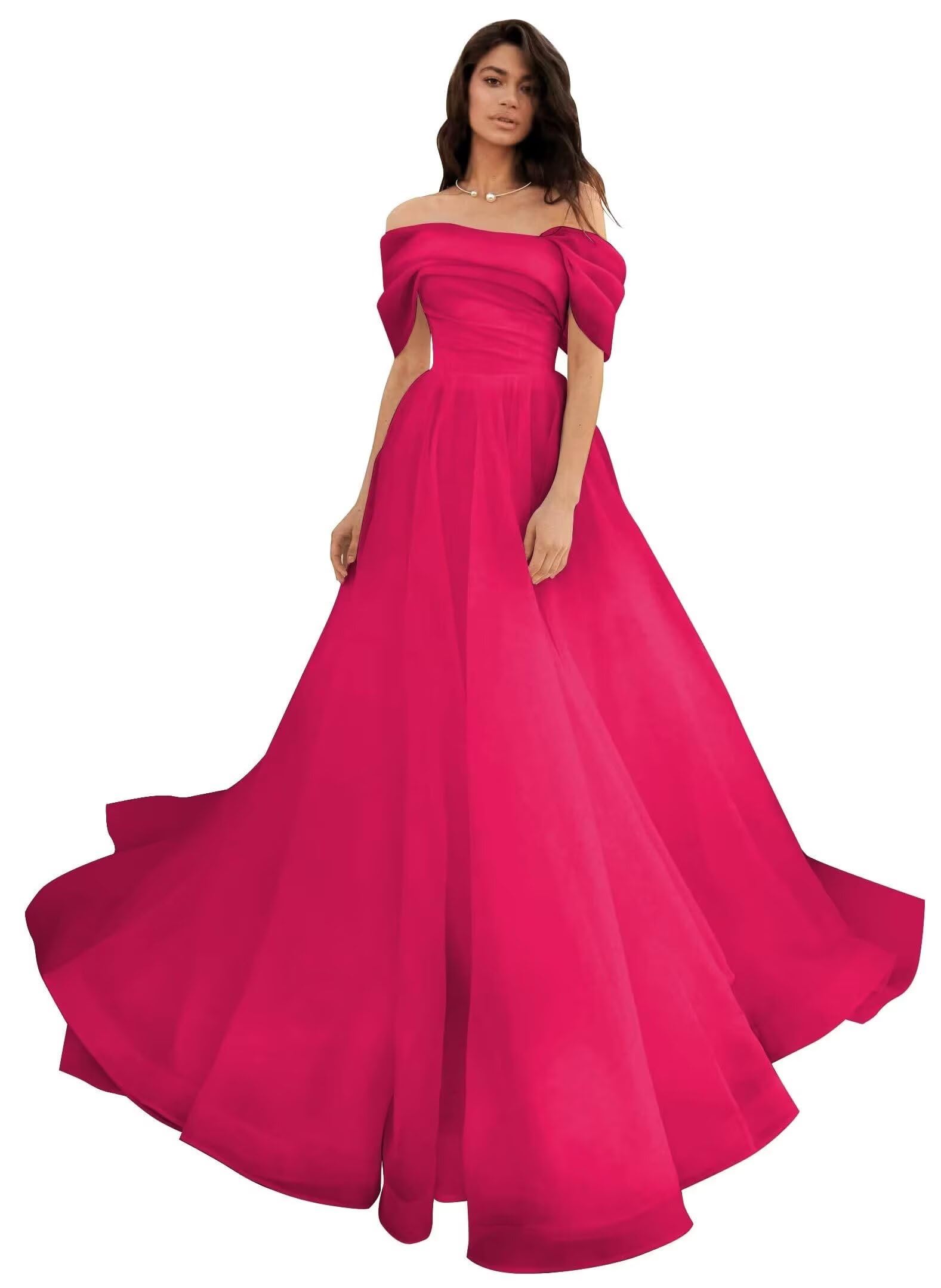 Off Shoulder Tulle Wedding Dresses for Bride Long Puffy Ruched A Line Prom Dress Ball Gown