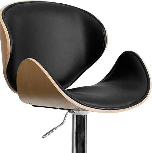 Miniatura 7 de Taburete de bar Flash Furniture de madera de haya con altura ajustable y asiento y respaldo de vinilo negro curvado, Espuma Madera Vinilo, Hayedo