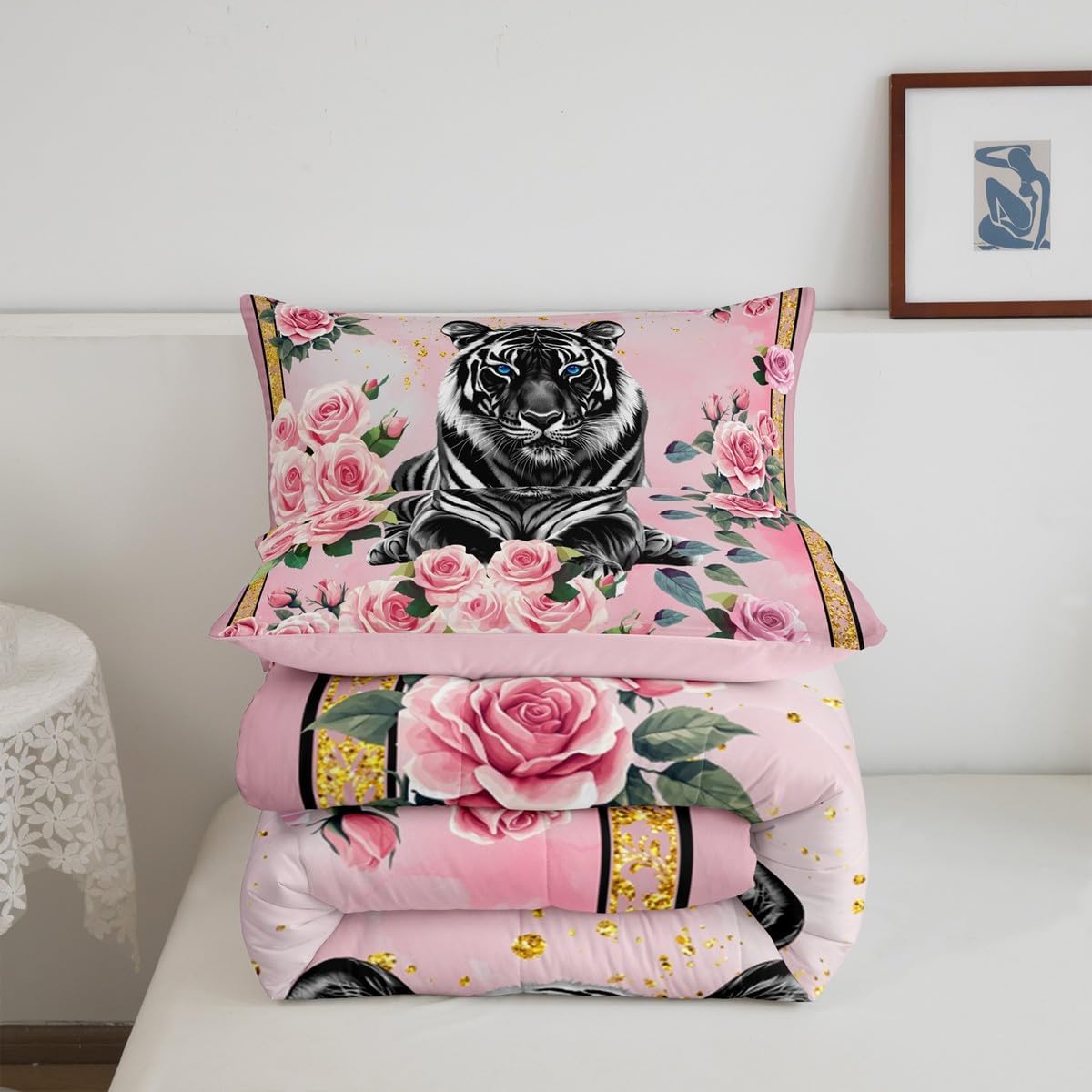 Toddler Size Tiger Duvet Quilt Boys Girls Wildlife Bedding Set for Kids Women Men Ultra Soft Animal Comforter Set Room Decor Pink Floral Bedclothes Breathable Soft Lightweight Microfiber