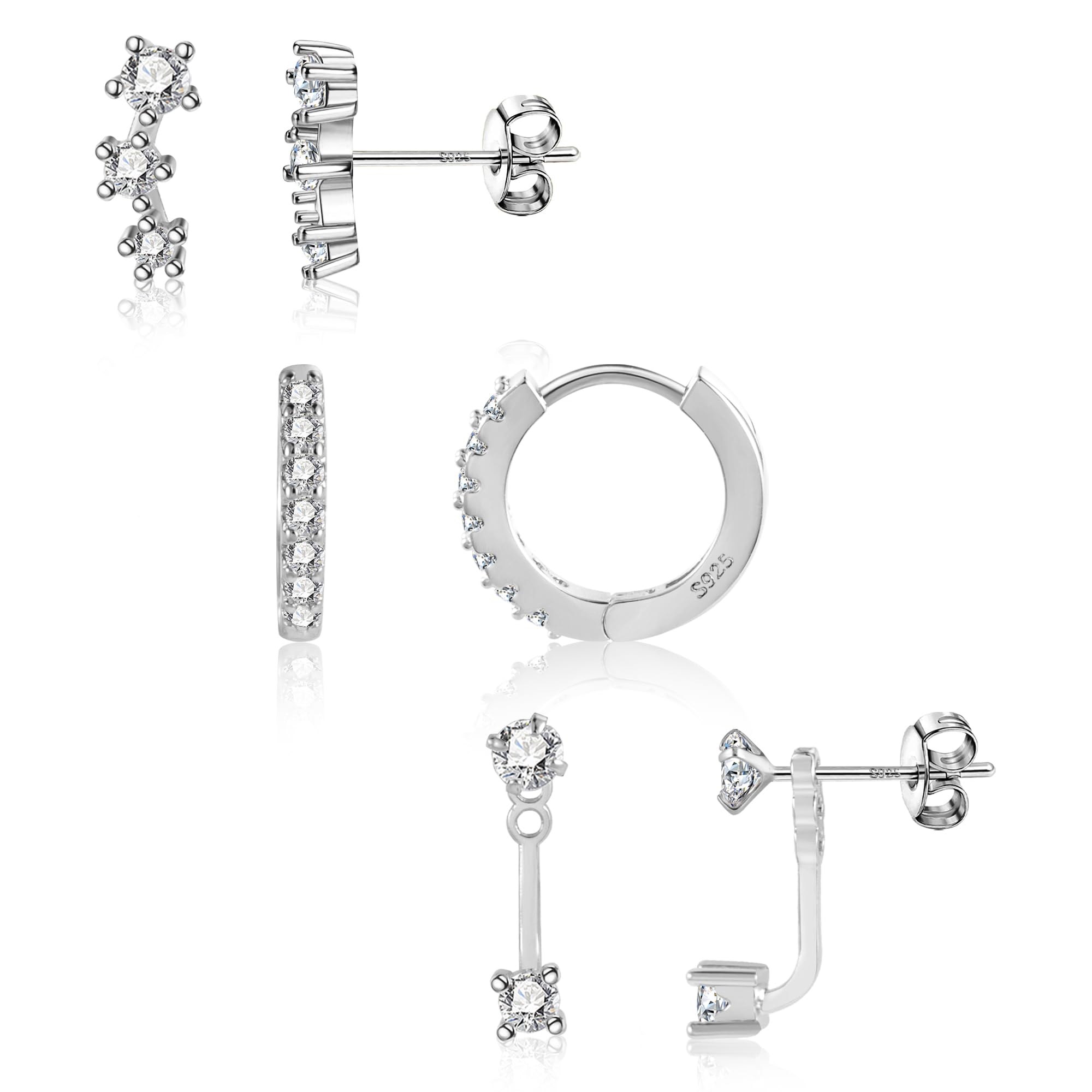 3 Pairs Sterling Silver Earrings for Women Trendy Silver Stud Hoop Earrings Stacks for Multiple Piercing Dainty Cartilage Huggie Hoop Earrings