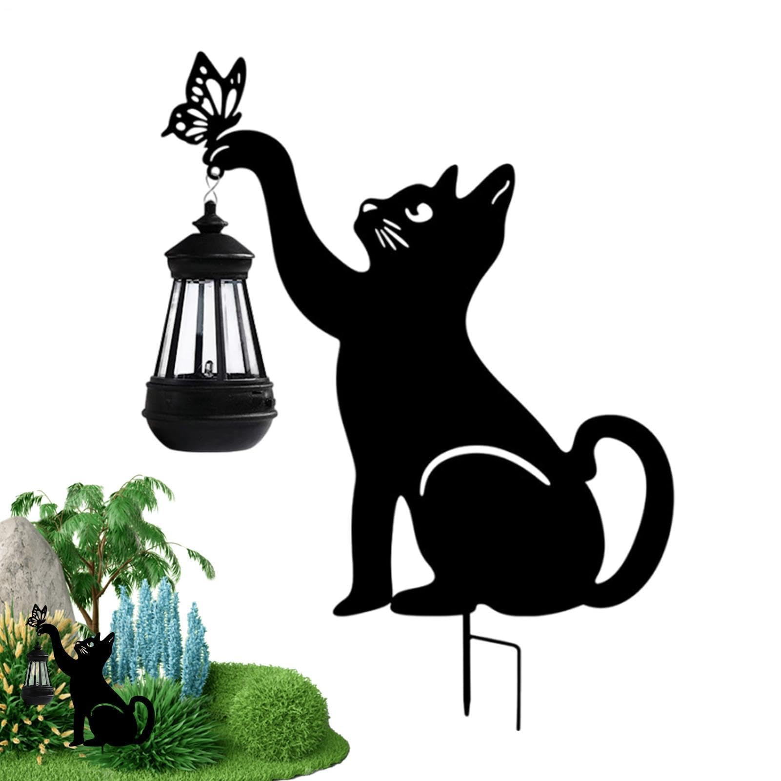 Lampa solarna na zewnątrz, latarnia w kształcie kota, metalowa dekoracja świetlna do ogrodu, podjazdu, podwórka, patio, trawnika, werandy, tarasu, chodnika