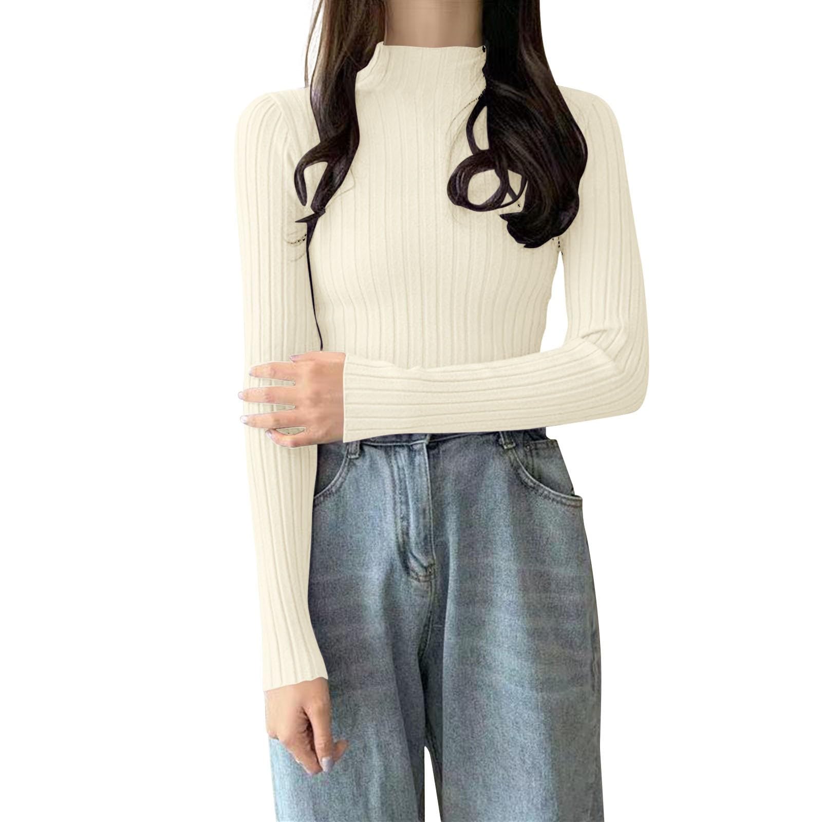 Pull Décontracté à Manches Longues Pour Femme, Pull Pour Femme - Collants Extensibles - Pull En Tricot à Col Roulé Uni Et Confortable - Manches Longues - Col Rond - Rayé, Beige