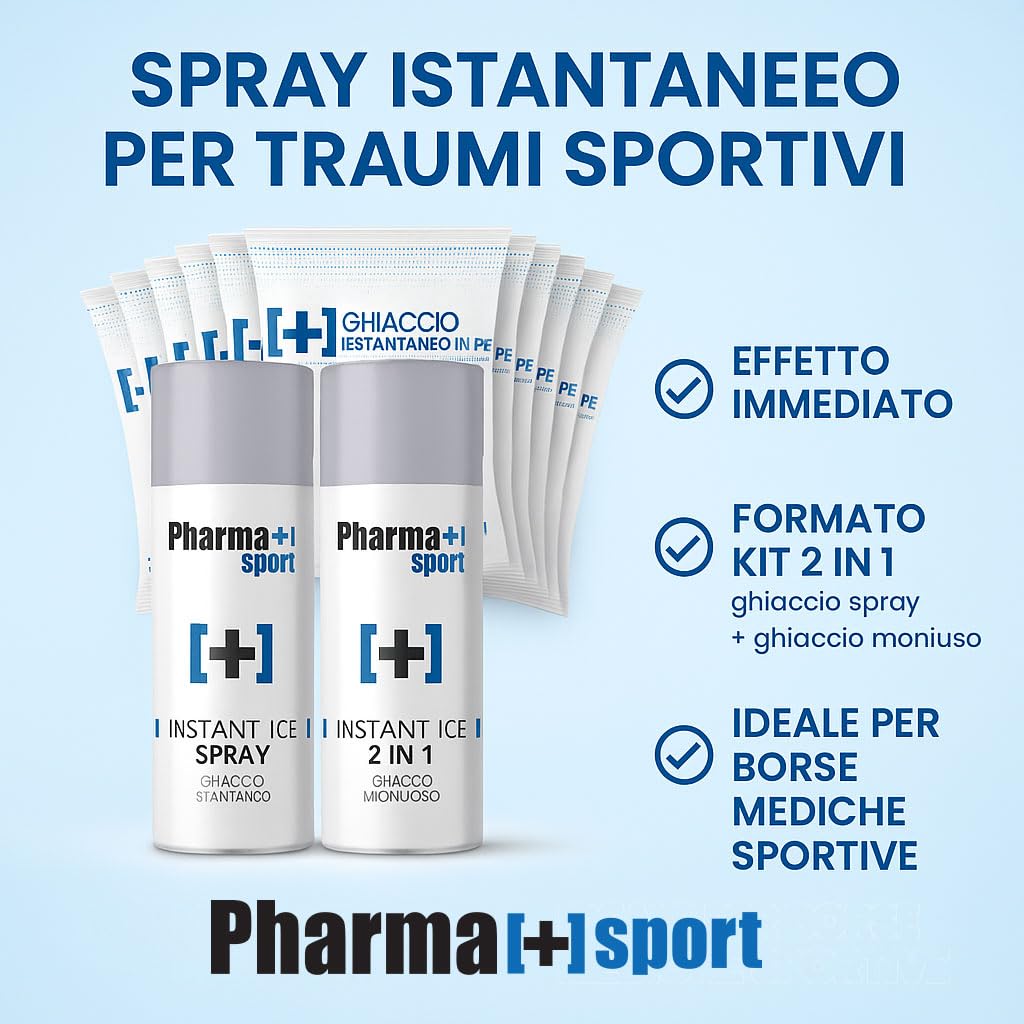 PHARMA+SPORT Kit Ghiaccio Sportivo 10+2 Ghiaccio Istantaneo Monouso + Ghiaccio Spray 400ml – Primo Soccorso per Traumi, Distorsioni, Contusioni – Made in Italy