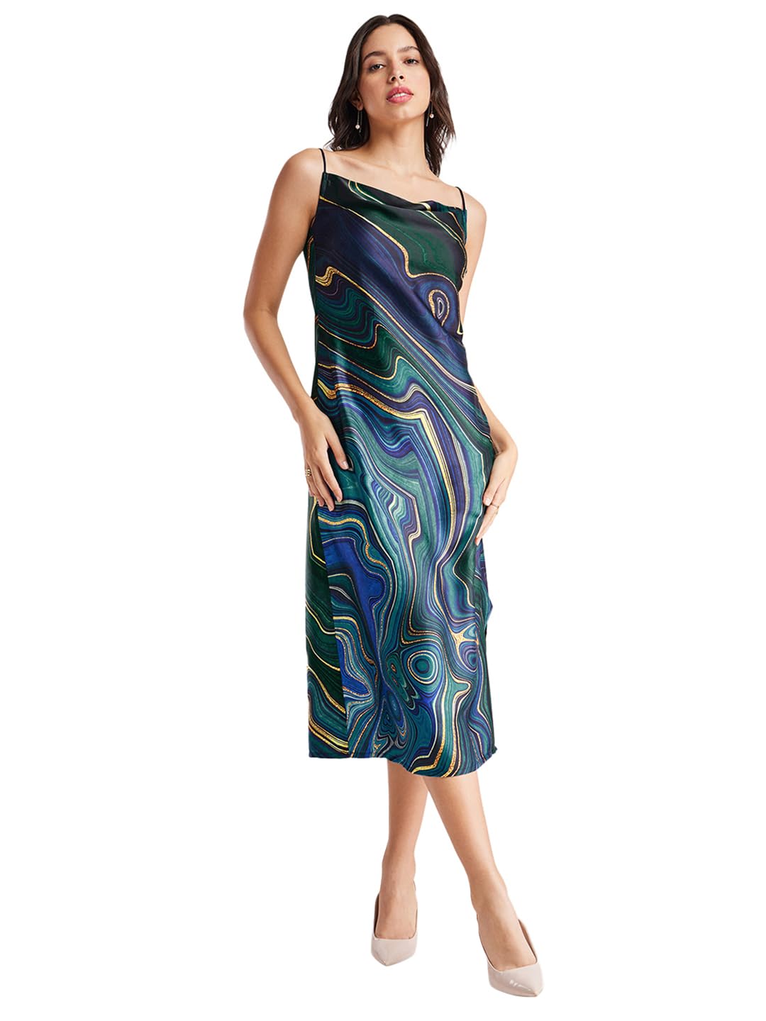 Satin Cowl Neck Dress - Navy Blue-image-43
