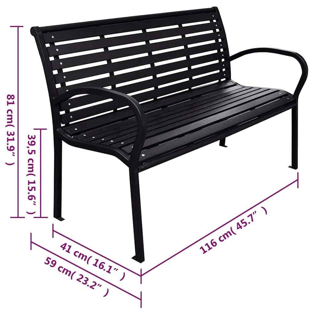 Ławka ogrodowa, czarna, 116 cm, wykonana z WPC i stali, odporna na warunki atmosferyczne, ławka do siedzenia z oparciem, do ogrodu, na balkon, taras, do użytku na zewnątrz, stabilna