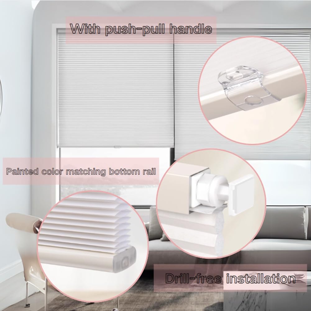 Générique Stores Cellulaires sans Perçage pour Fenêtres, 1 Pièce Stores en Nid d'abeille pour Fenêtres, Isolation Thermique et Réduction du Bruit Store Occultants pour Salon, Cuisine, Chambre(White)