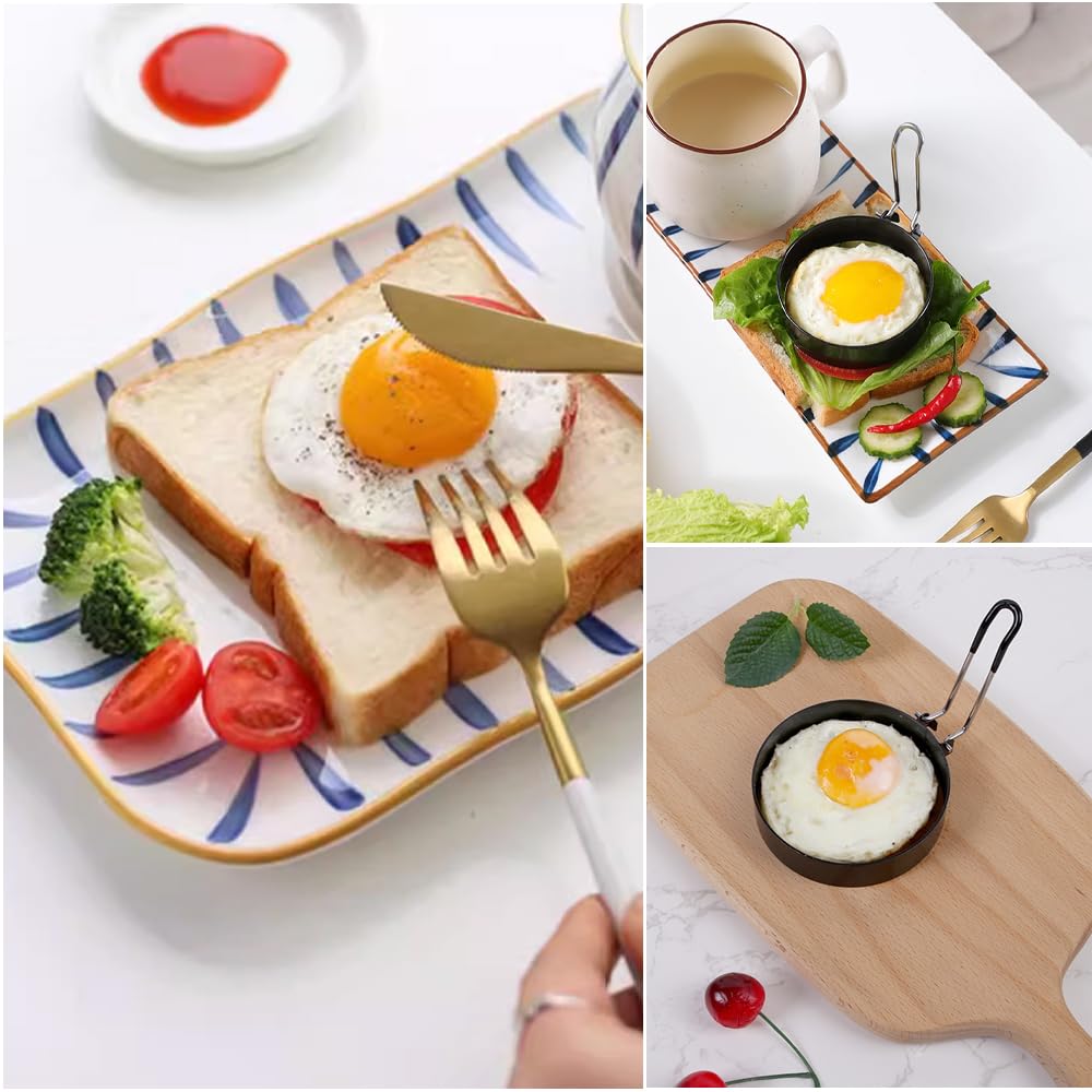CAREDGO 4 Pezzi Stampo per Uova in Acciaio Inox Stampo per Pancake Grande Formine per Uova al Tegamino Formine per Pancake Antiaderente con 1 Pennello ad Olio per Cucinare Uova Fritte Muffin (9cm/5cm)