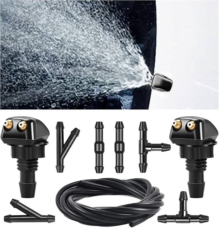 Bicos do lavador do para-brisa dianteiro GLSOWEE com 2 furos, mangueira e conectores – Kit com 2 unidades