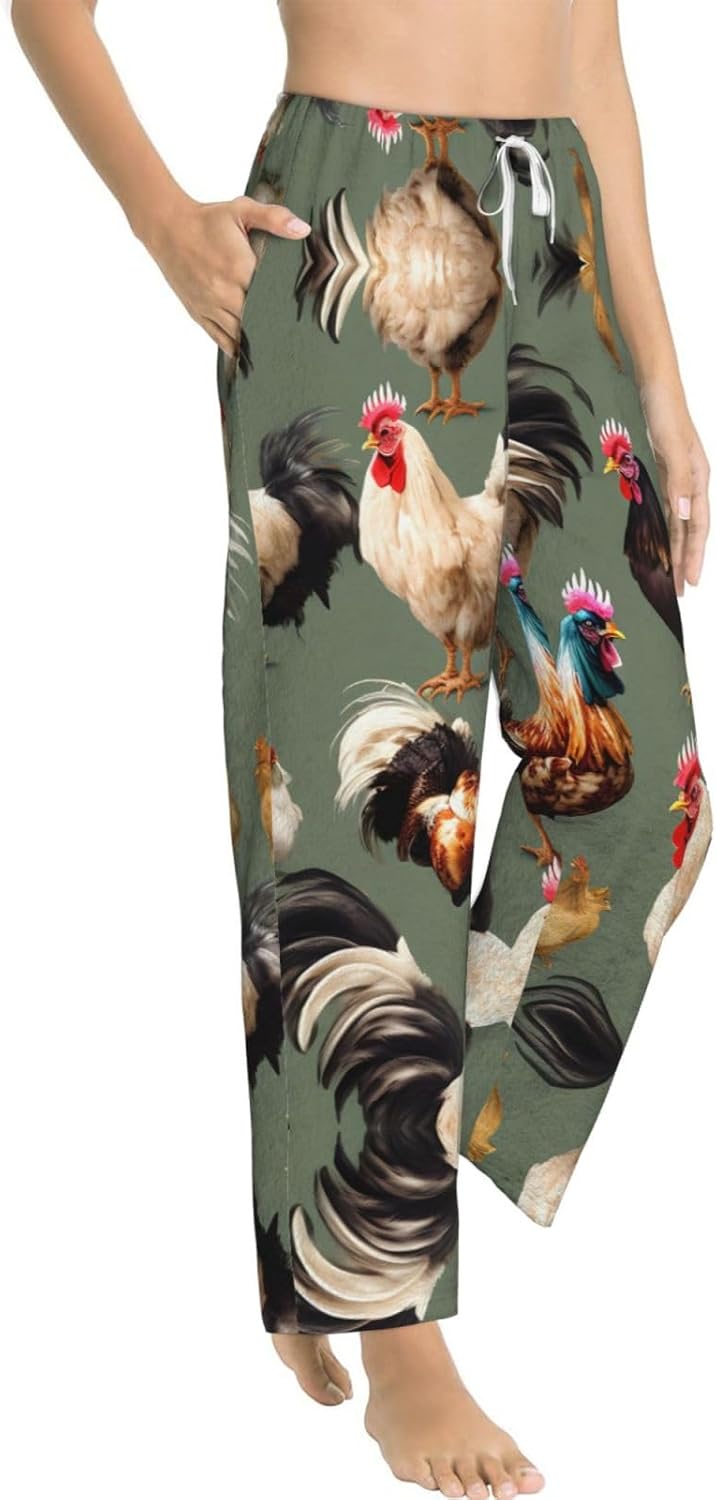 Chicken And Rooster Print Print Cozy Flannel Pajama Pants For Women,Warm Christmas Pj Pants,Cute Fleece Pajamas