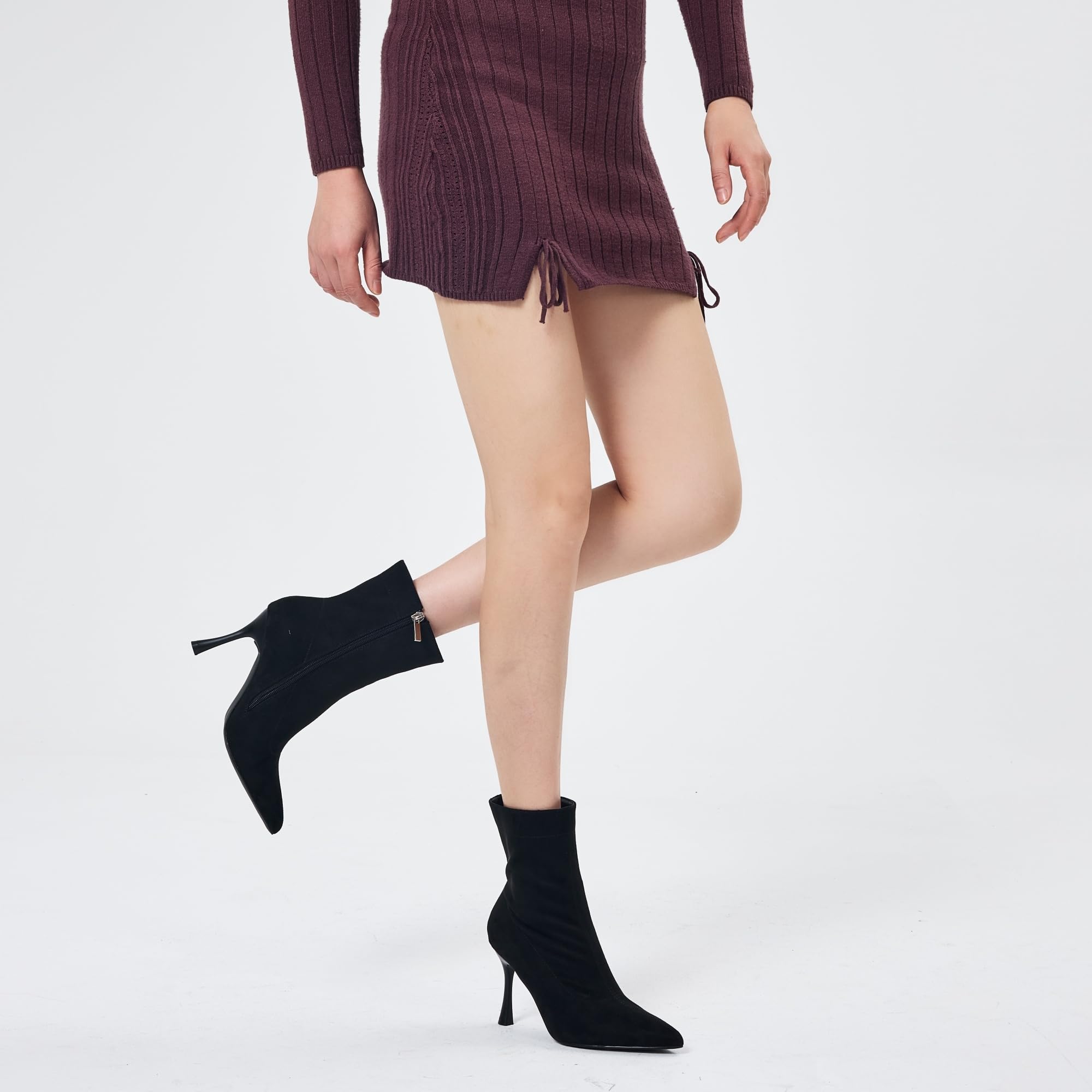 Damskie botki 9 cm szpiczasty nosek - średni obcas szpilki buty robocze dla kobiet modne krótkie buty czarne 8, Czarny zamsz, 39 EU