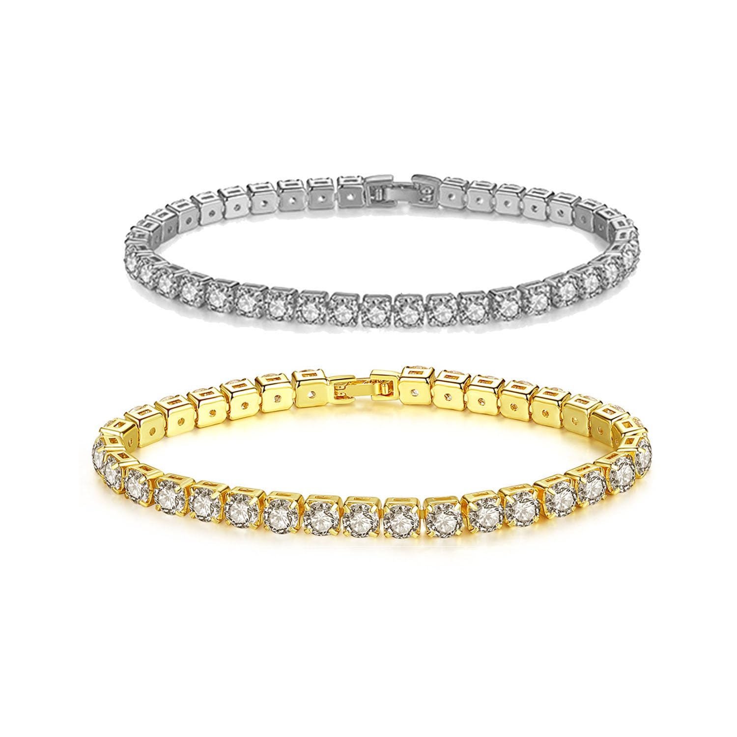 YCTTKDD 2 ück 18 Karat vergoldetes 4 mm kubisches Oxid-Messing-Zirkon-klassisches Tennisarmband, Damen-Goldarmband (Größe 7,48 Zoll)