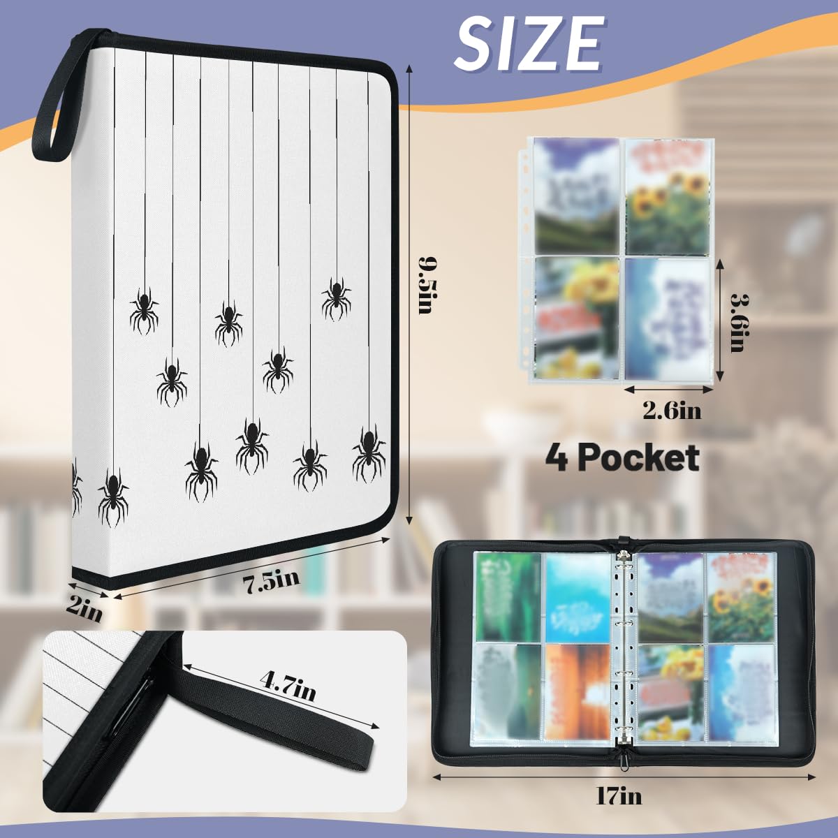 Carpeta de tarjetas coleccionables de 4 bolsillos con patrón de araña de Halloween con fundas extraíbles, libro de tarjetas impermeable con cremallera, capacidad para 50 páginas y 400 tarjetas