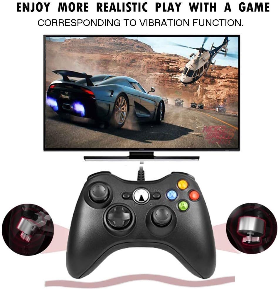 Xbox 360 Controller, 7.2 ft USB Wired Controller Gamepad Compatible with Microsoft Xbox 360 & PC Windows(Black) (Renewed)