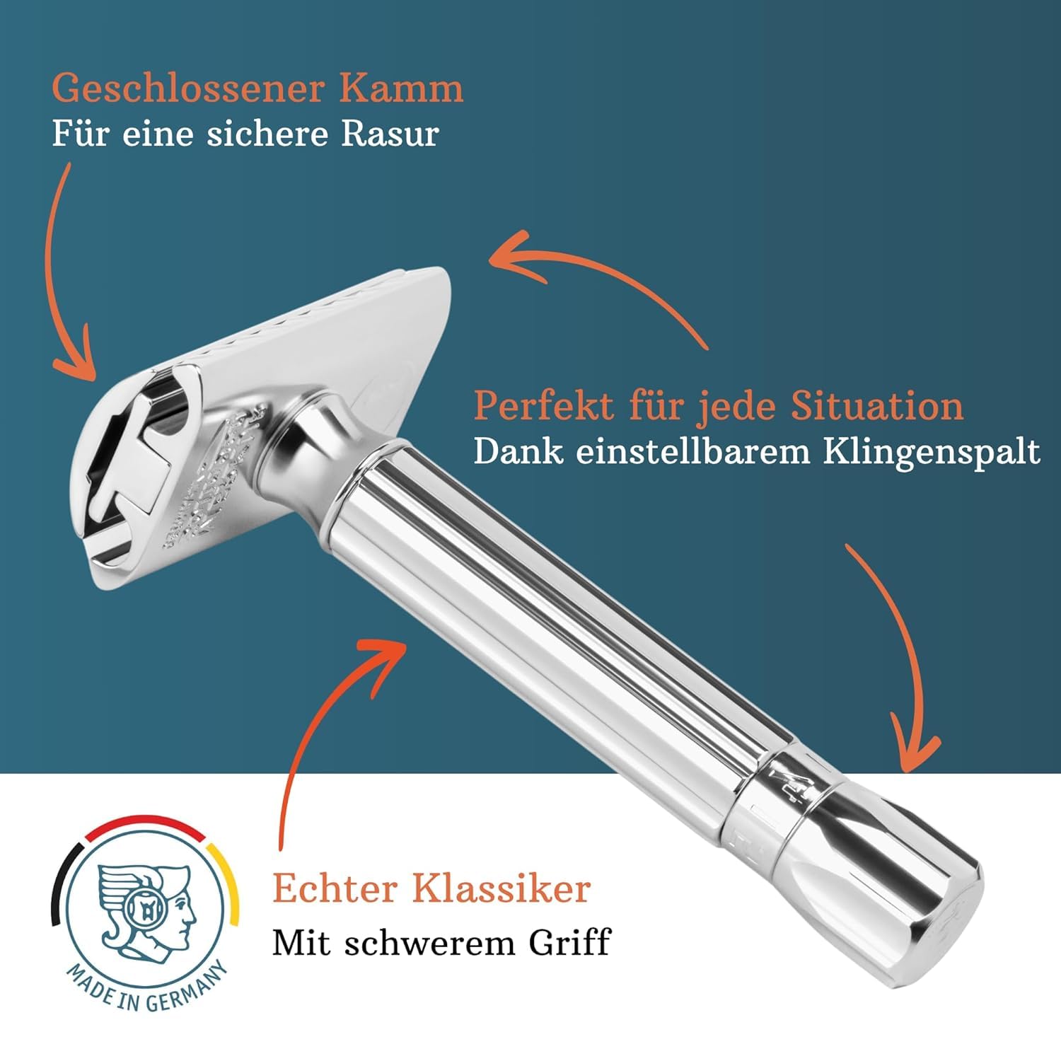 MERKUR Adjustable Safety Razor 500C - Chrome | Classic Gloss Chrome | Two Piece Premium Razor with Straight Cut | Ideal for Wet Shaving | Die-Cast Zinc | Brass Handle | Made in Germany