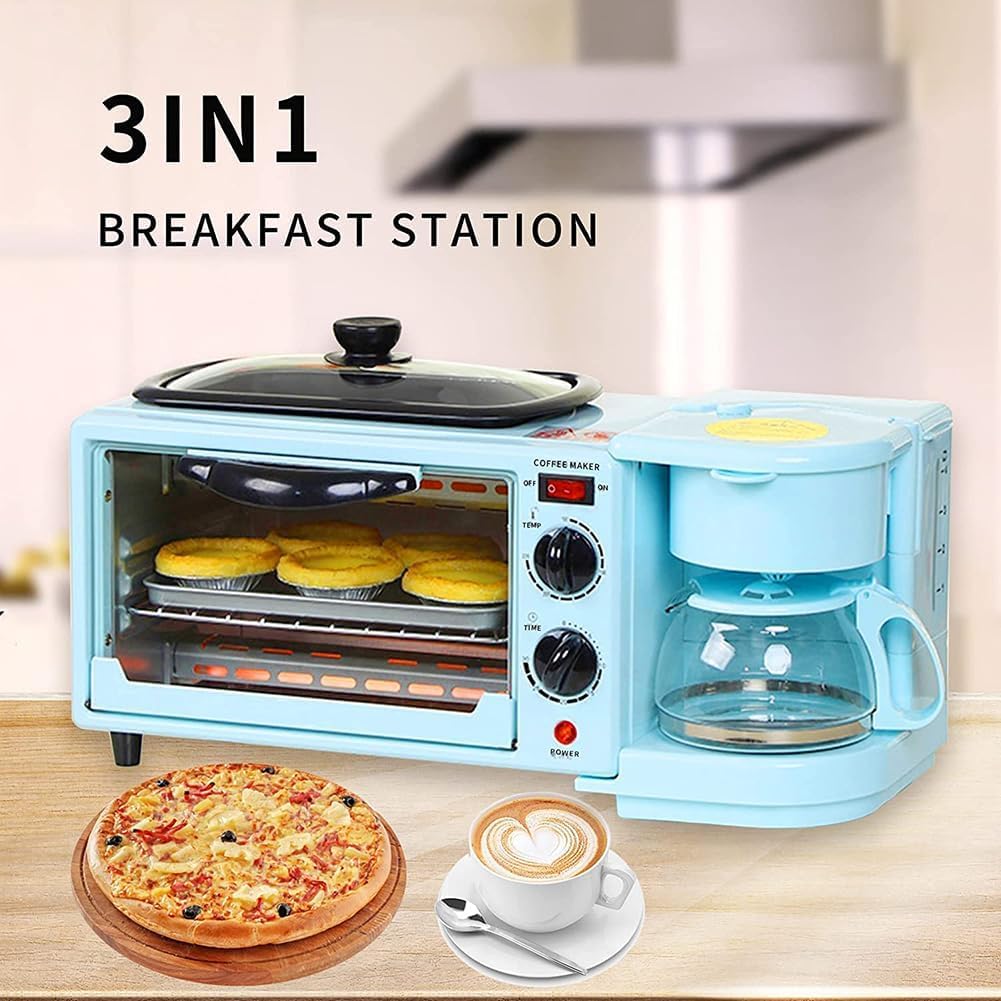 3-In-1 Stazione di colazione 1050W Tostapane multifunzionale Macchina da caffè w / 9L Area di cottura & 1.2L Pentola Controllo temporaneo indipendente per Piccolo Appartamento di cucina Rosa Efficient