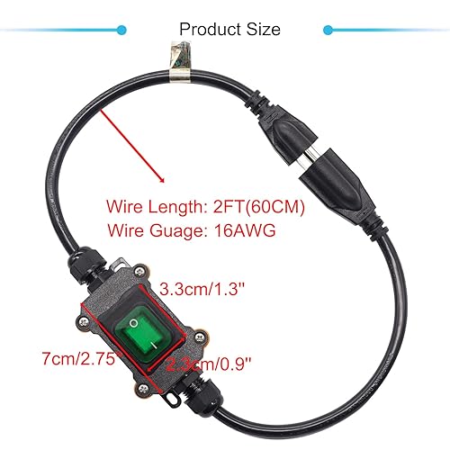Miniatura 6 de Cable de extensión de 3 clavijas con interruptor en línea OnOff 16A250V 20A125V AC 16AWG 2FT Cables de alimentación de alta resistencia luz LED
