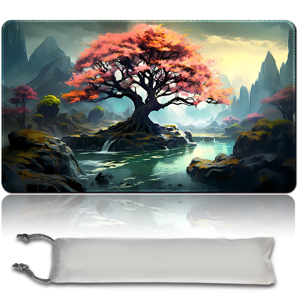 Board Game MTG Playmat + Free Waterproof Bag, Stitched Edges, Smooth Rubber Surface, MTG PlayMat with Zones (An Original Angel of Flight Alabaster Playmat) (pink tree - NO ZONE) — image 1
