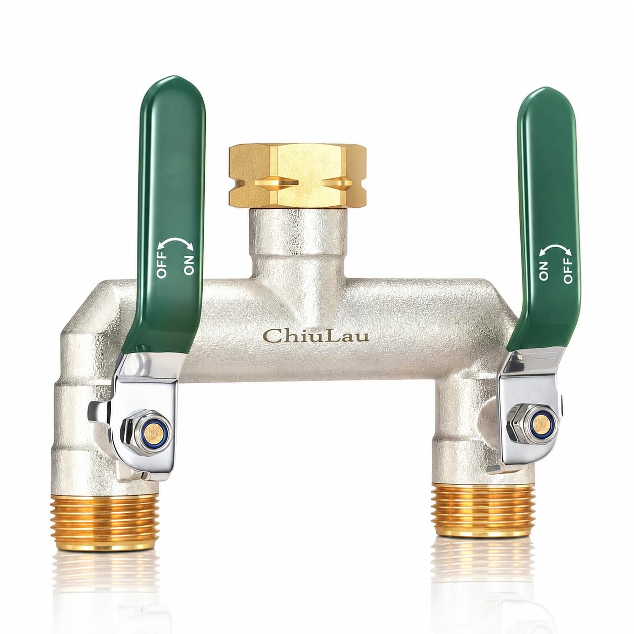 Distribuidor de 2 vías, gran flujo de agua de latón niquelado, con conexión hexagonal de latón de 3/4 pulgadas, interruptor separado, adaptador para grifo de jardín al aire libre, mango de