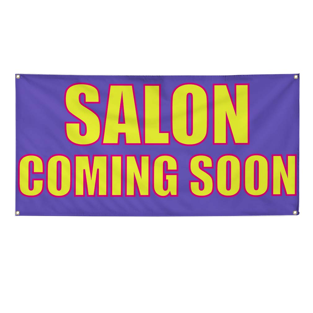 Vinyl Banner Multiple Sizes Salon Coming Soon Advertising Printing Business Outdoor Weatherproof Industrial Yard Signs Blue 4 Grommets 12x30Inches