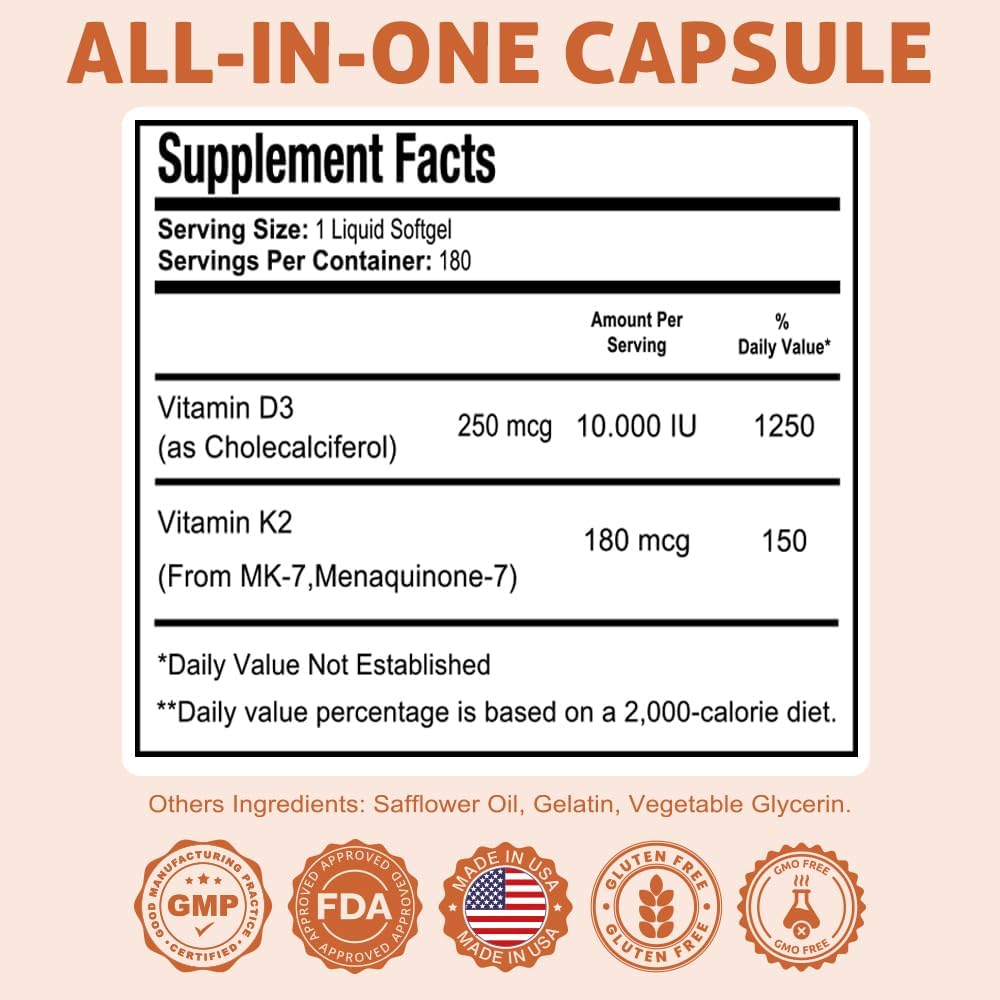 Health Dose Vitamin D3 10,000 IU + K2 (MK7) Supplement, 2-in-1 Formula, Immune Support, a Healthy Mood, Heart, Joint, Teeth, Bone Health, Calcium Absorption, 180 softgels. (2)