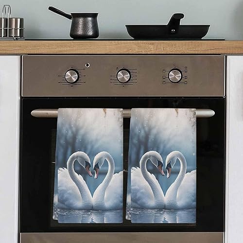 Miniatura 5 de Paquete de 2 paños de cocina de algodón, absorbentes de cisne de amor para el día de San Valentín, reutilizables, suaves para la sala de estar,