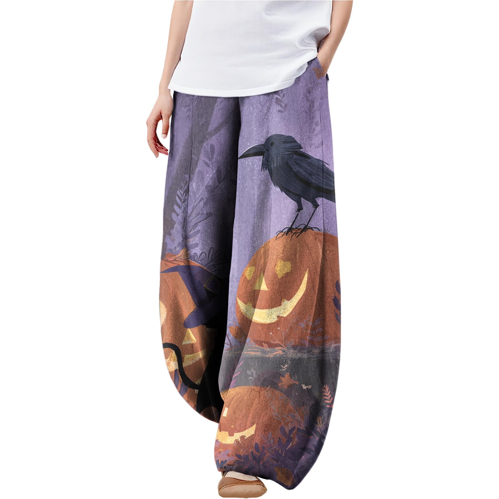 Casual Harem Pants for Women Fall Winter Halloween Ghost Print Heavyweight Fashion Wide Leg Beach Trousers