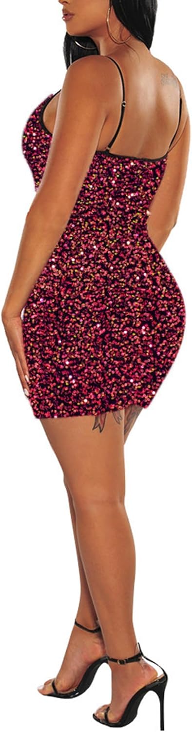 PORRCEY Women's Sexy Elegant Sparkly Sequins Mesh See Through Mini Dress