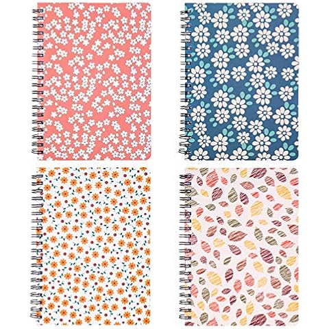 Spiral Notebooks 5 × 7 Inch, Small Size Bulk Journals, 4 Pack Wide Ruled Journals Spiral Bound, Hardcover Floral Notebooks Lined for School Students Office, 80 Sheets/160 Pages, Inner Pocket Cover