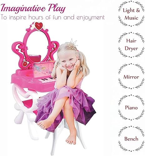 Miniatura 2 de DIMPLE Juego de 3 piezas de tocador de princesa 2 en 1 para niñas, accesorios de maquillaje con piano de trabajo, secador de pelo y luces