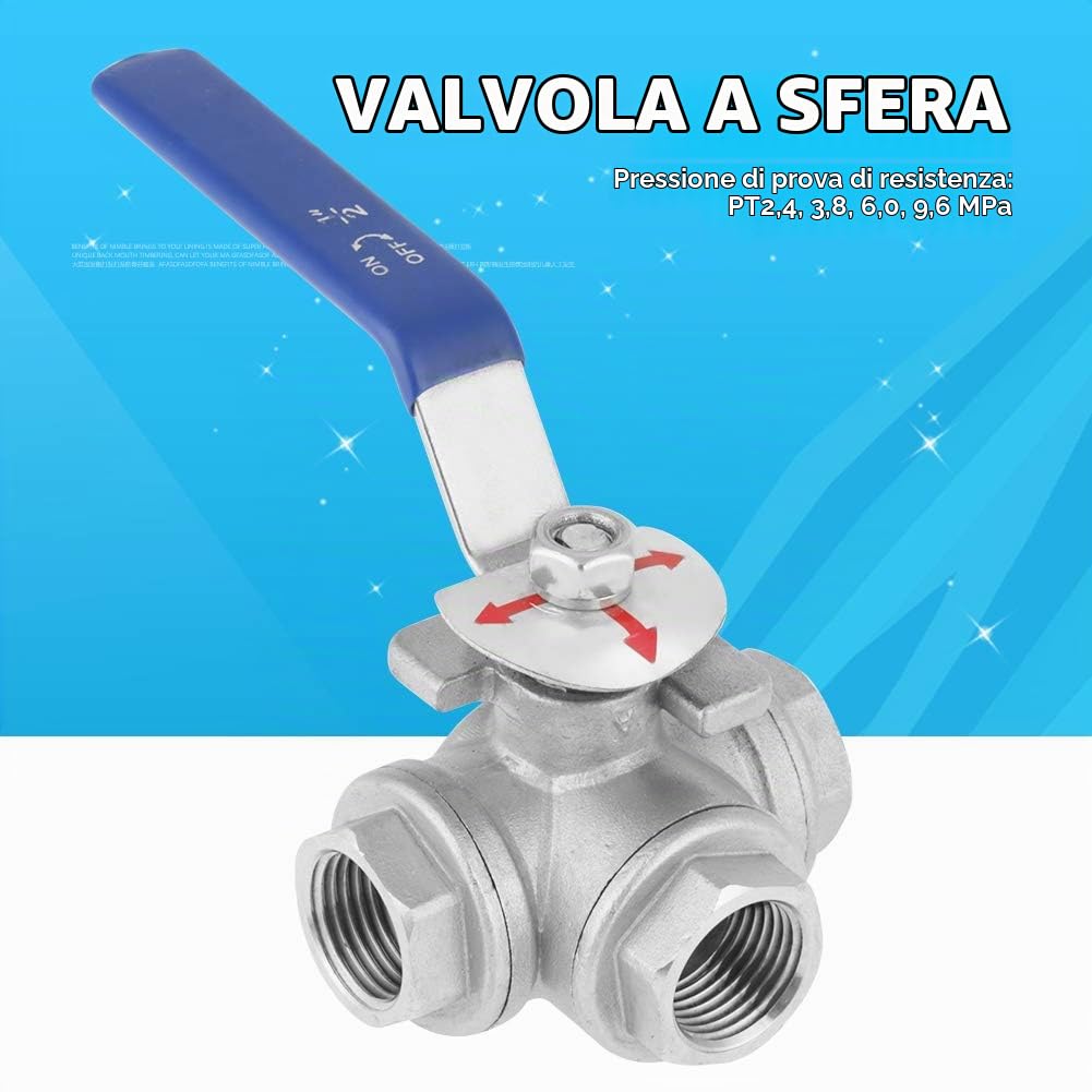 Valvola a Sfera a Tre Vie in Acciaio Inox, Filetto Femmina DN15 / 1/2 Pollice della Valvola a Sfera del Tubo con Maniglia di Bloccaggio per Acqua, Petrolio e Gas