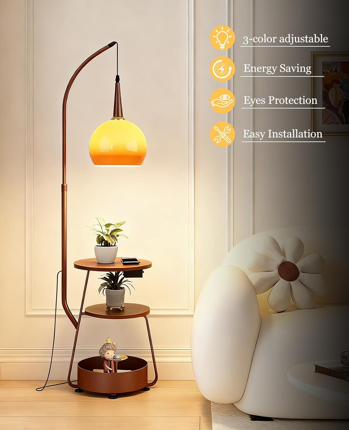 Floor Lamp with Shelves, Orange Floor Lamp with Table Attached and Storage Basket, 3 Color Light & 67" Adjustable Height MCM Mushroom Floor Lamps for Living Room Bedroom Corner or Office