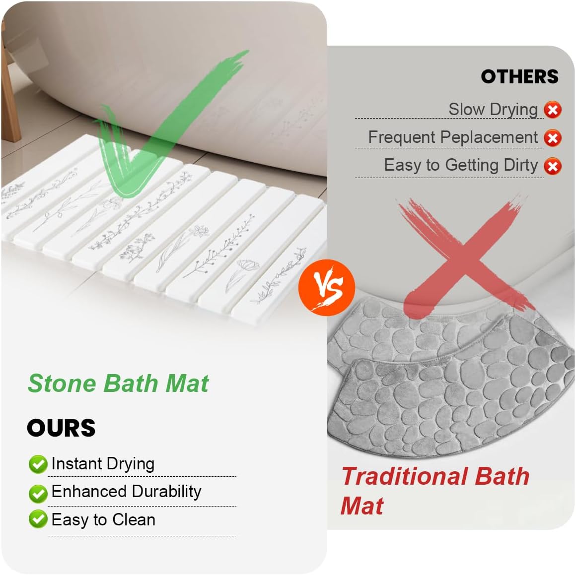 Foldable Stone Bath Mat - 24x16 Inch, Super Absorbent Diatomaceous Earth Large Bath Mats for Bathroom, Quick Dry Non-Slip Stone Drying Mats for Kitchen Counter & Bathtub (Black Floral Decor) - Image 5