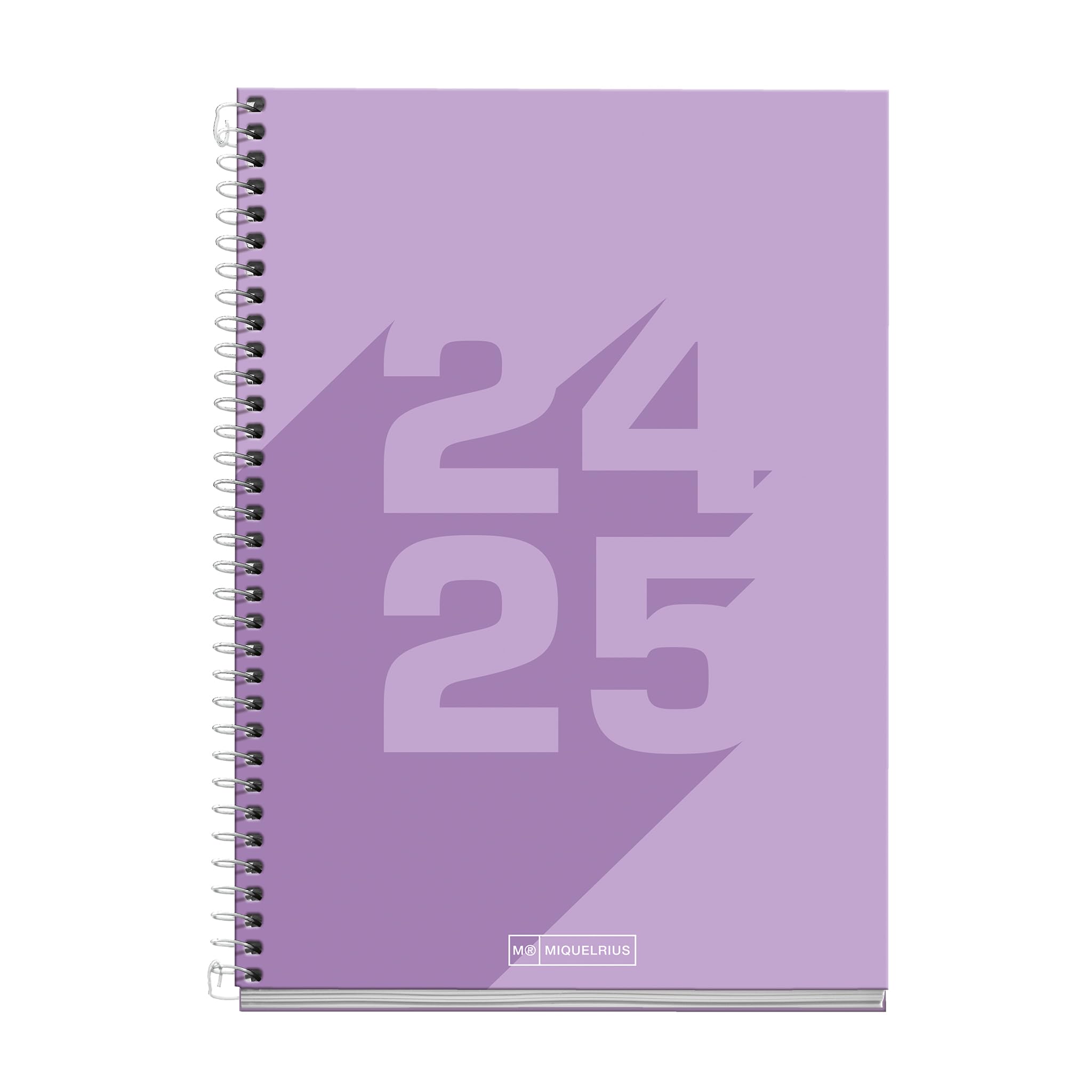Miquelrius - Agenda Escolar 2024-2025, Septiembre 24 a Junio 25, 150 x 213 mm, Agenda Día Página, Cubierta de Cartón Forrado, Agenda 24 25, Espiral metálico, Español e Inglés, Basic Malva