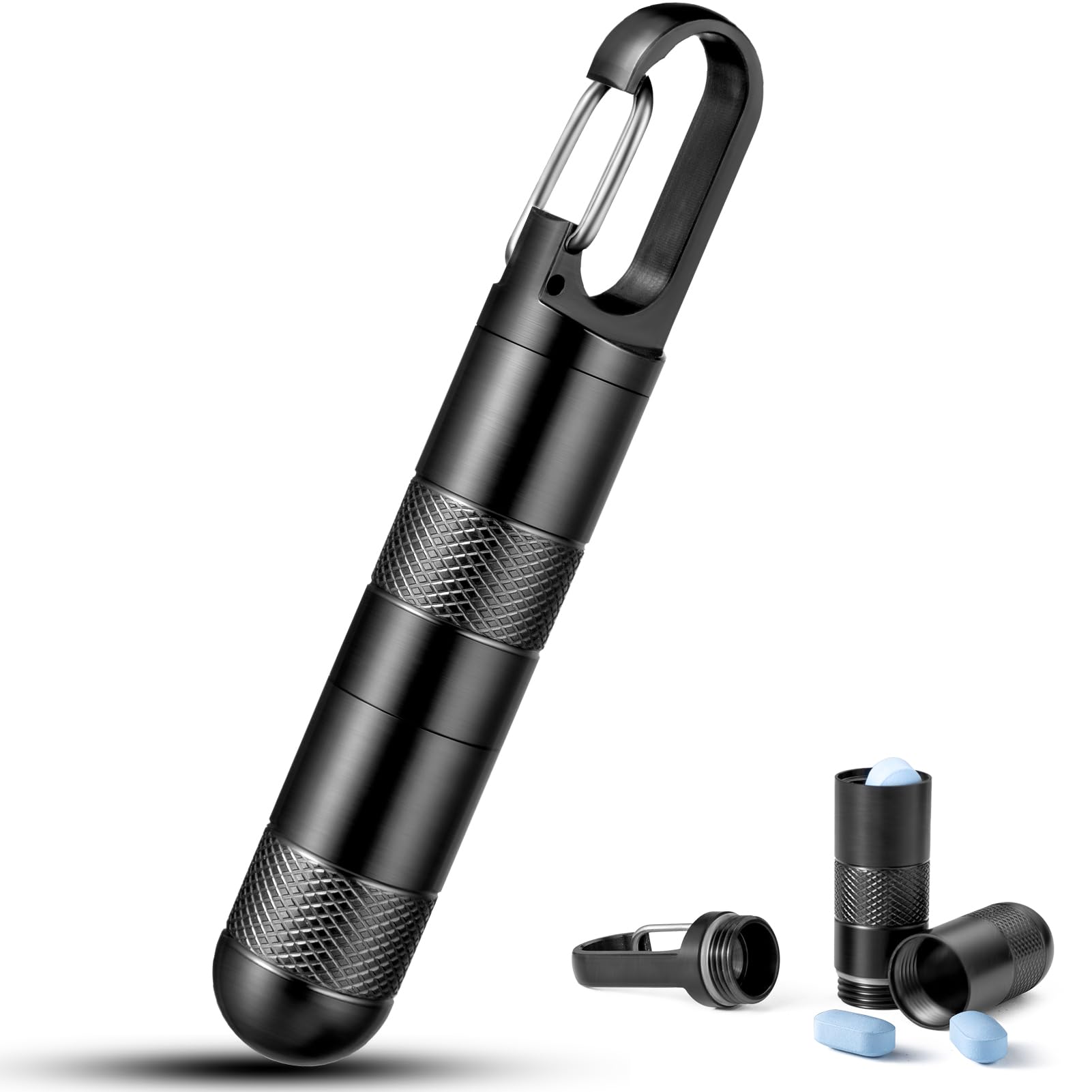 IUMIUNIUMIUN Micro Pill Holder Keychain Titanium Pill Case for Purse Small Pill Container Travel Black Pill Box Medicine Bottle Organizer for Vitamin Fish Oil Supplement (Black+1 Closed Extension Tube)