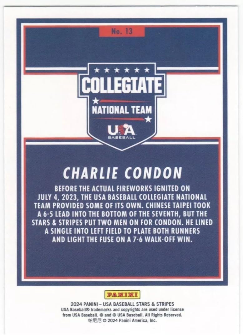 Hall of Fame Sports Memorabilia - 2024 Panini USA Stars & Stripes Charlie Condon #13 Stars Rookie RC Baseball Card