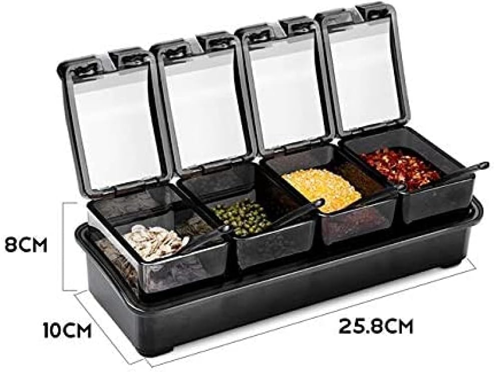 Spice Box Container, 4-Compartment Spoon Holder for Salt, Pepper, Sugar, and Seasonings - Kitchen Accessories