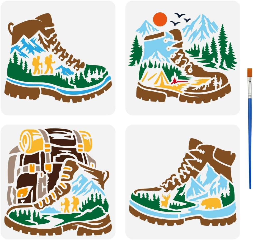 FINGERINSPIRE 4 Pcs Hiking Boots Stencils with a Brush 5.9x5.9Inch Backpacks Stencils Natural Scenery Painting Stencil Mountains and Rivers Stencil Natural Themes PET Template for Wood Floor Wall DIY