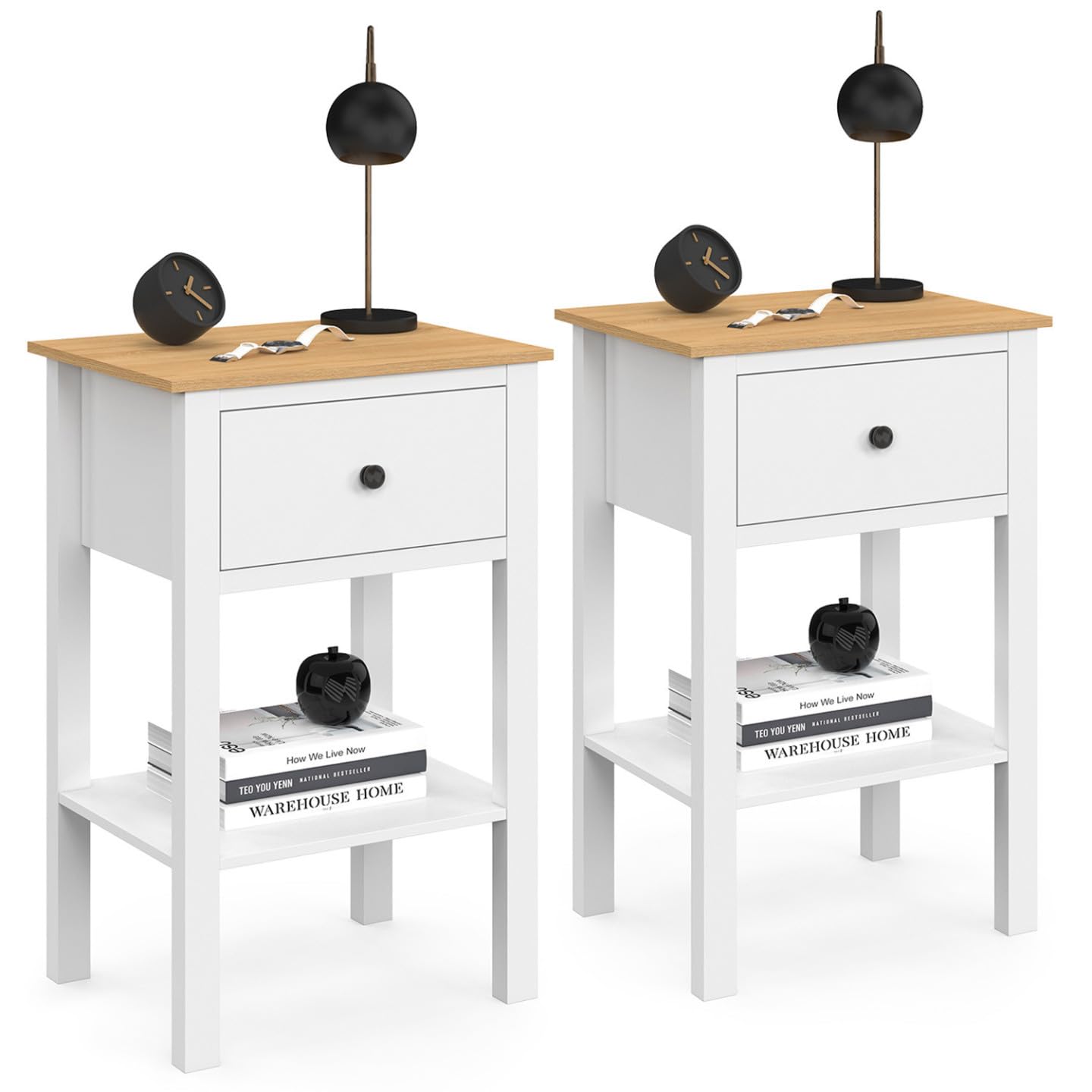 IDMarket – Juego de 2 mesillas de noche Achille con 1 cajón, 1 estante y bandeja, color blanco y tablero de madera