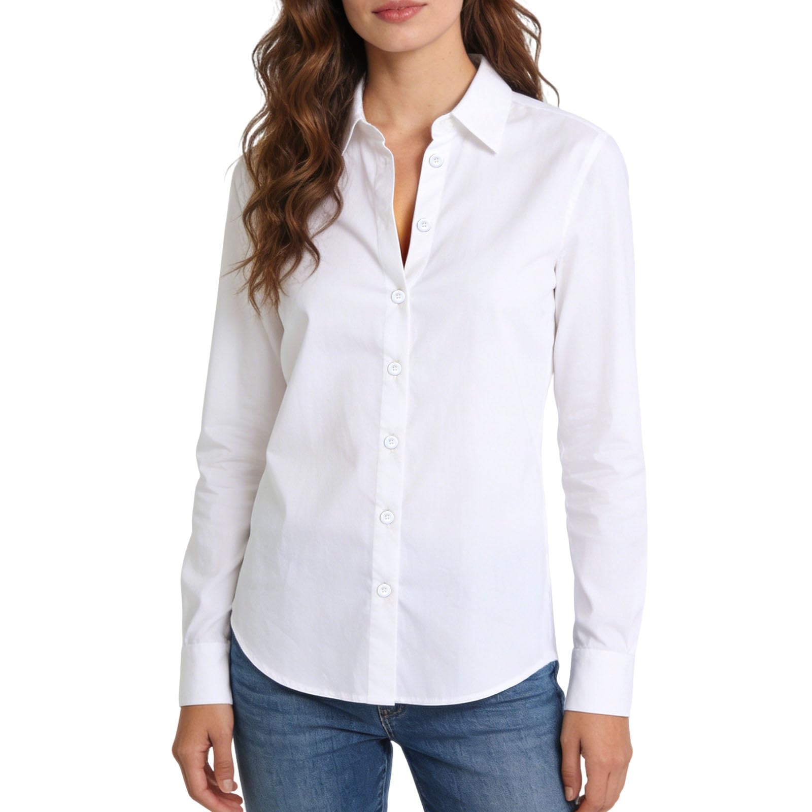 BSBUY Camicie Bianche per Le Donne, Camicia Cotone Elegante con Bottoni e Scollo a V, Unita Camicia Maniche Lunghe da Donna in Cotone, Vestibilità Classica, Camicetta Donna di Base per Ufficio Lavoro