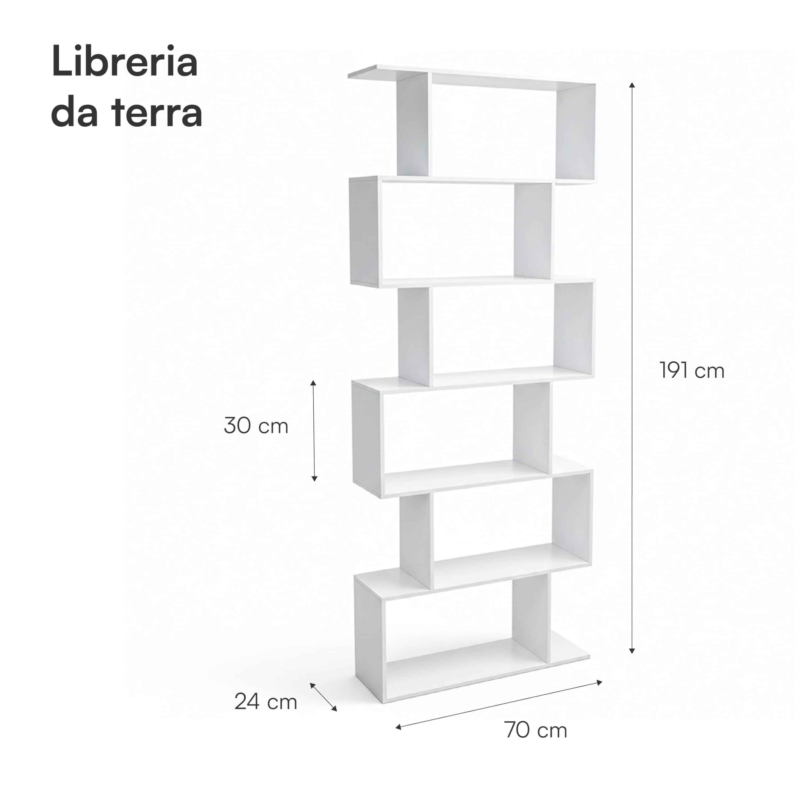 Baroni Home - Estantería de Diseño Moderno, Estantería Vertical en Zigzag, Estantería para Libros para Salón, Dormitorio, Oficina, Montaje Fácil, 24x70x191 cm, 6 Estantes Blanco