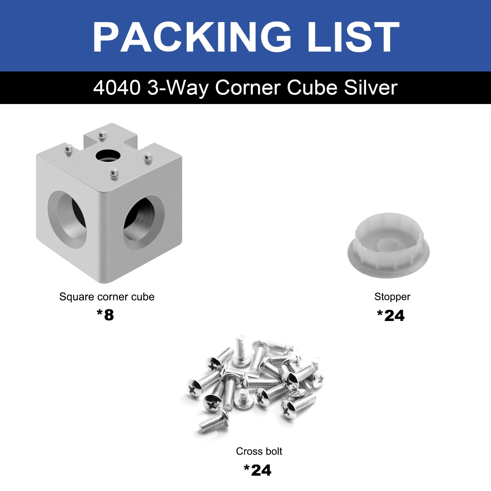 iMetrx 8 pcs 4040 3-Way Corner Cube 40x40 Extrusion Hardware T-Slot V-Slot Accessories with Screws and Nuts for 40x40 Aluminum Extrusion Connector 3D Printer Accessories Silver - Image 2