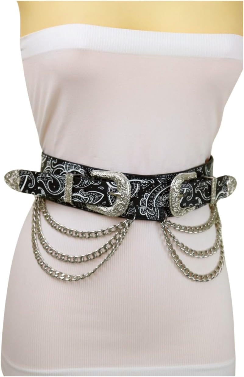 Women Western Fashion Wide Paisley Belt Black Faux Leather Silver Double Buckles Chain S Mz219 - Image 6