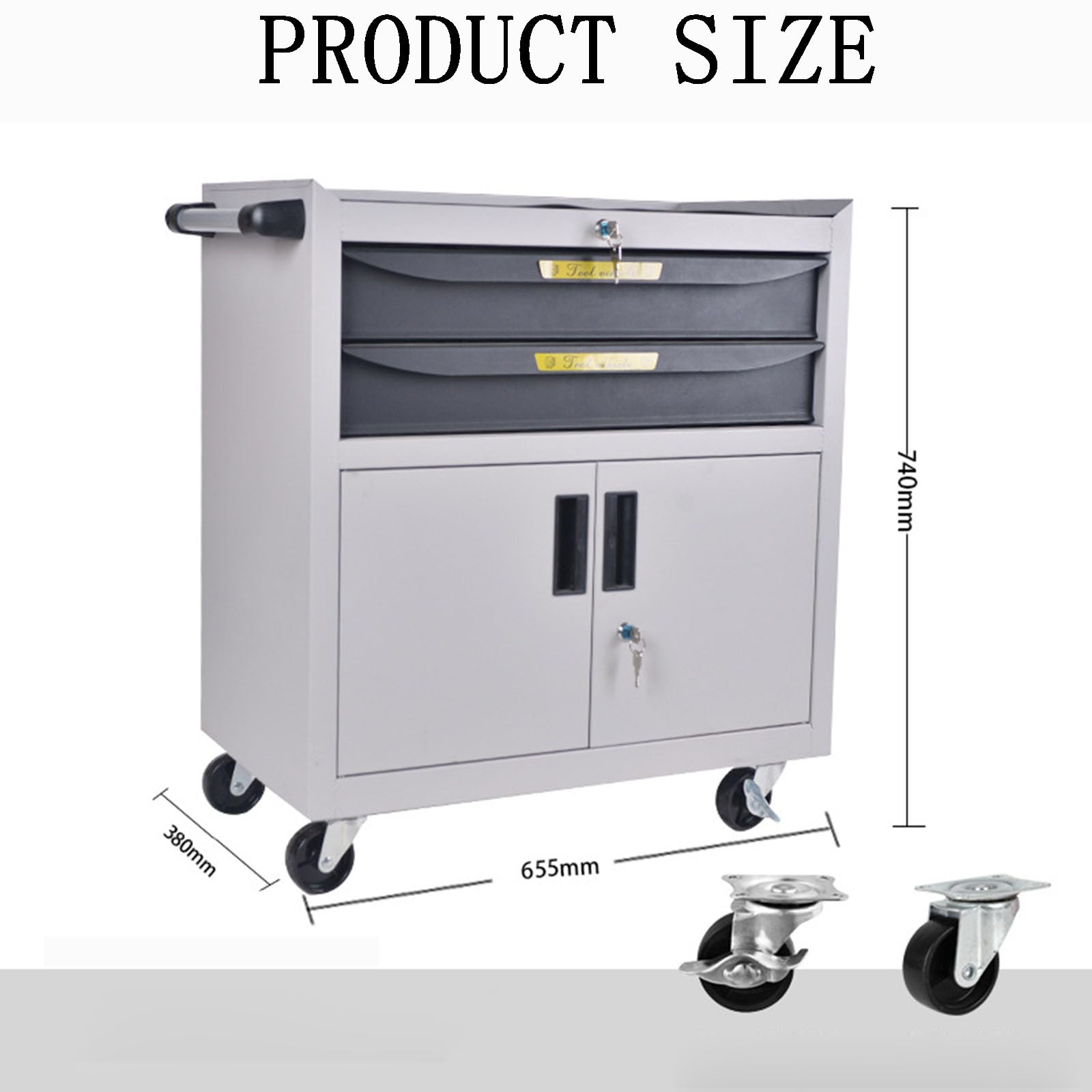 Heavy Duty zamykana szafka na narzędzia na kółkach z 2 szufladami i aluminiowym uchwytem o pojemności 220 lbs (biała)