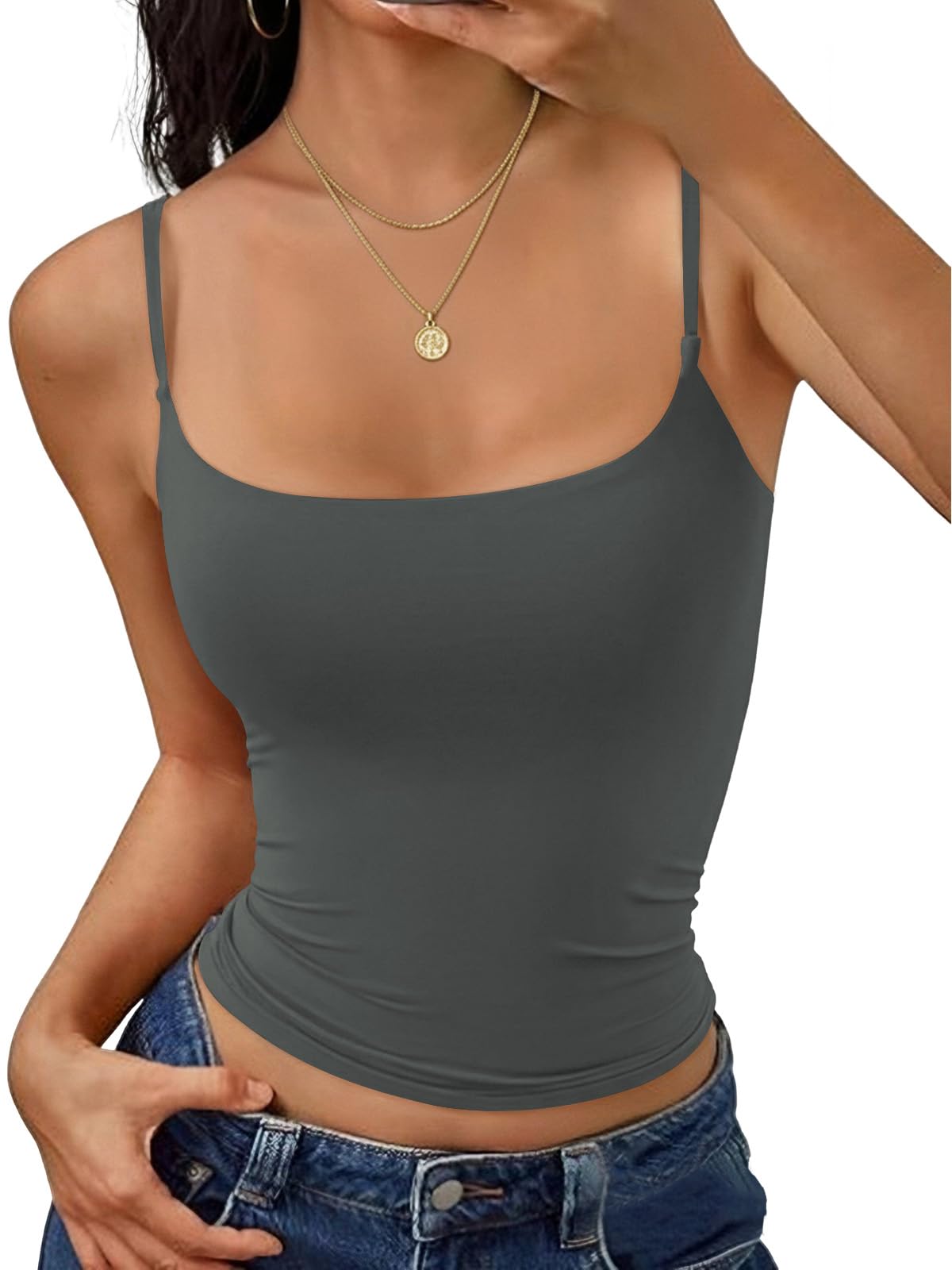 Cuptacc Tank Top Damen Spaghettiträger Verstellbarer Eckiger Ausschnitt Crop Top Damen Doppellagige Basic Cami Oberteil