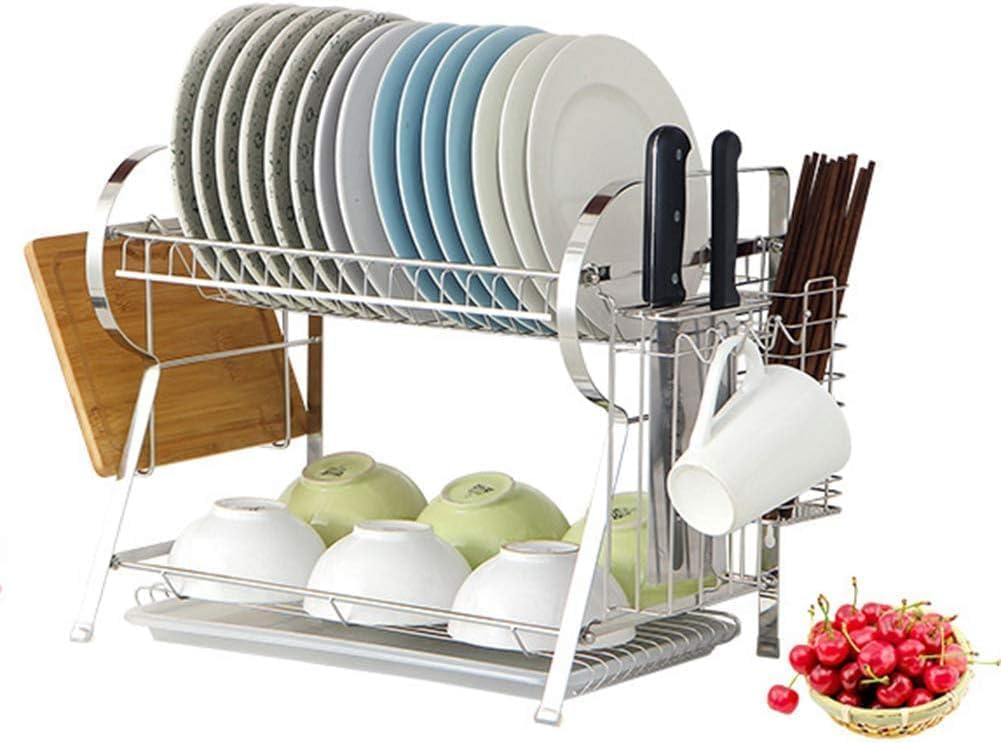 Dish Rck Driner Try, Floor 2 Lyer Stinless Steel Cutlery Storge Double-Lyer Dish Rck Cupbord Drin Rck